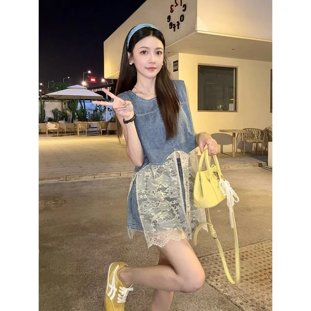 “夏日动感”夏款潮流超薄款牛仔拼接蕾丝上衣➕牛仔短裤926#