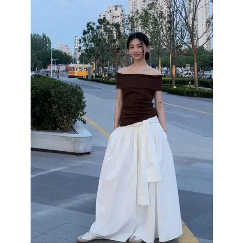 韩系高级感简约一字肩修身上衣女蝴蝶结收腰半身裙套装夏季裙子