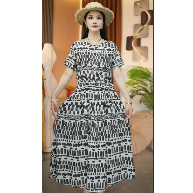 (墨点乐章)夏季棉绸裙子新款时尚短袖系带大码宽松中长款连衣裙