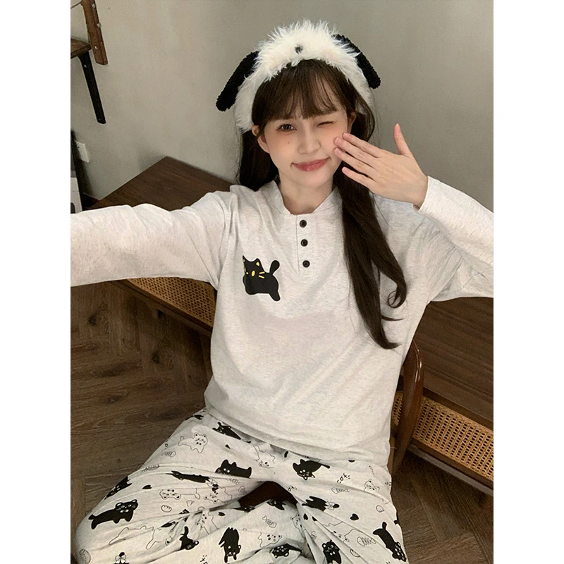 2026新款春秋季天女士长袖可爱小猫长裤大码睡衣套装家居服可外穿