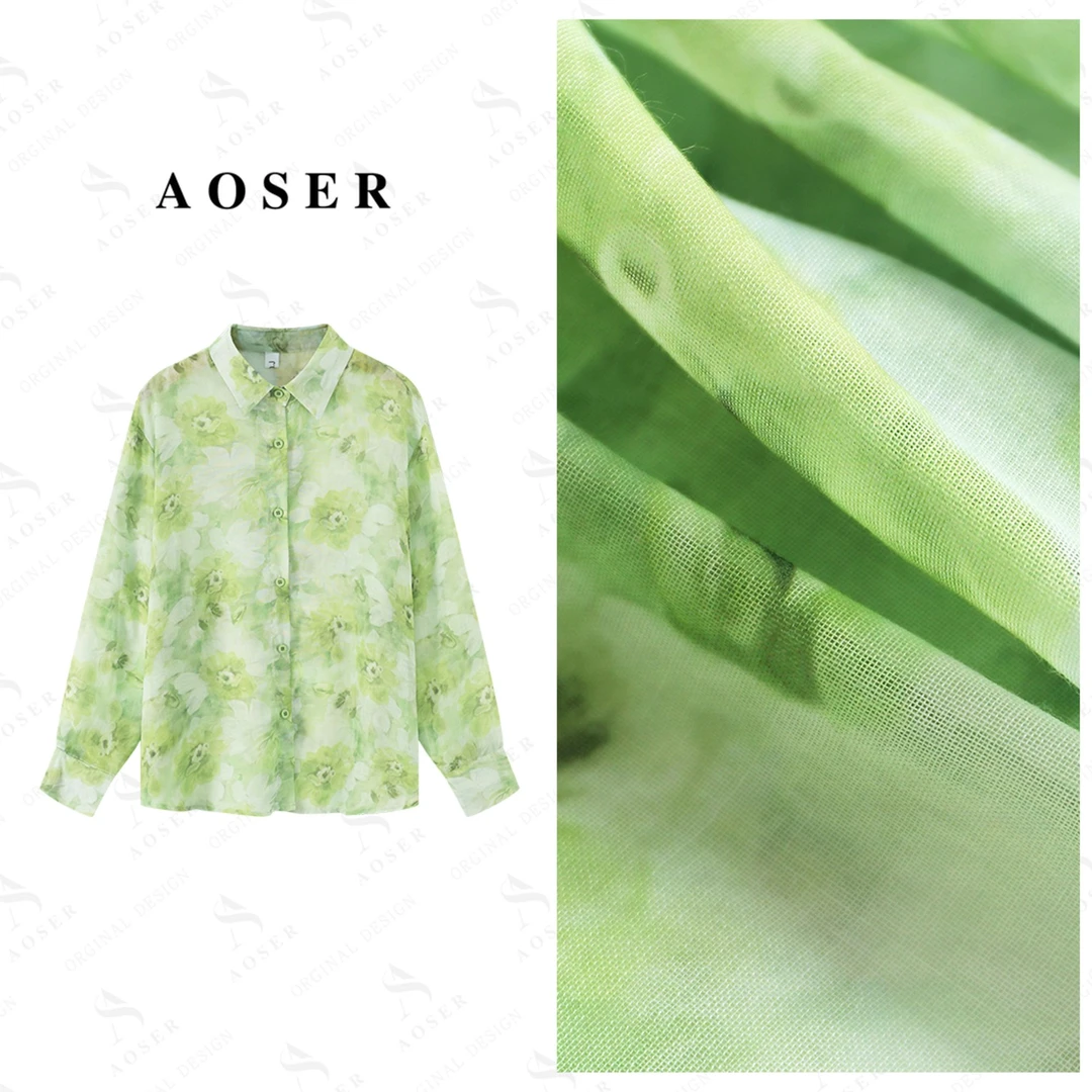 AOSER开衫衬衫常规款防晒印花宽松时尚绿色夏季薄款衬衣女款17015