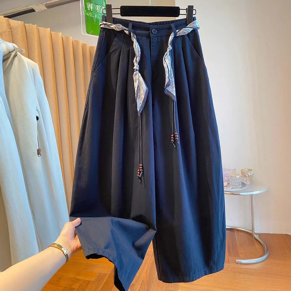 韩国东大门高腰休闲阔腿裤女秋装2025新款宽松百搭丝巾腰带裤子潮