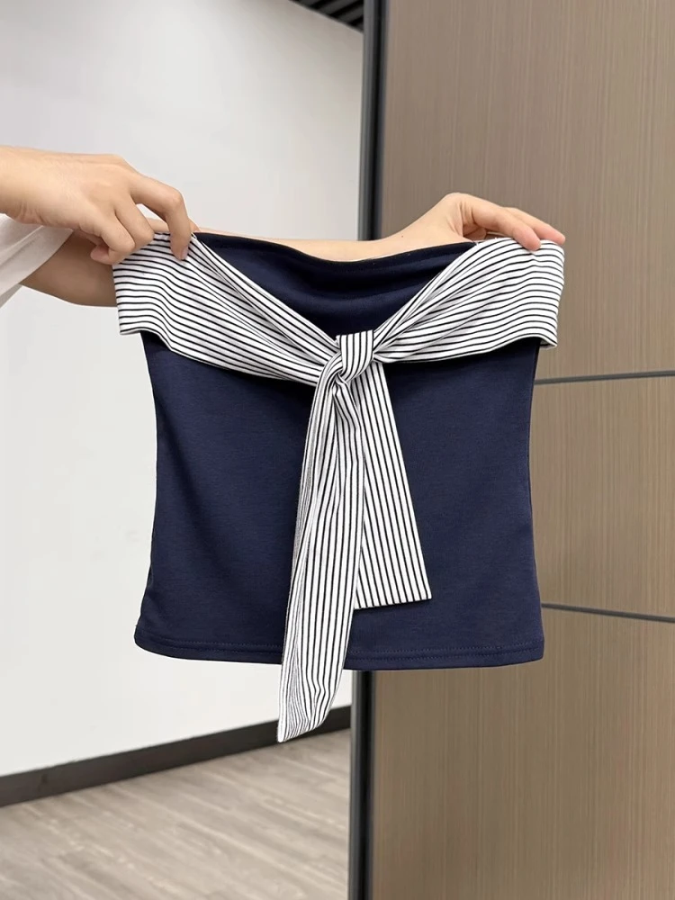 藏青露背条纹绑带背心女夏季新款拼接设计感抹胸防滑条上衣