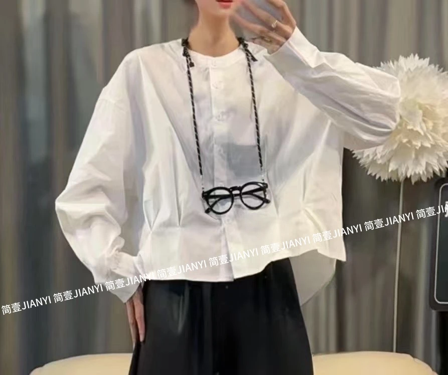 2025秋季新款收腰压褶遮肉显瘦白色衬衣时尚气质宽松长袖上衣女