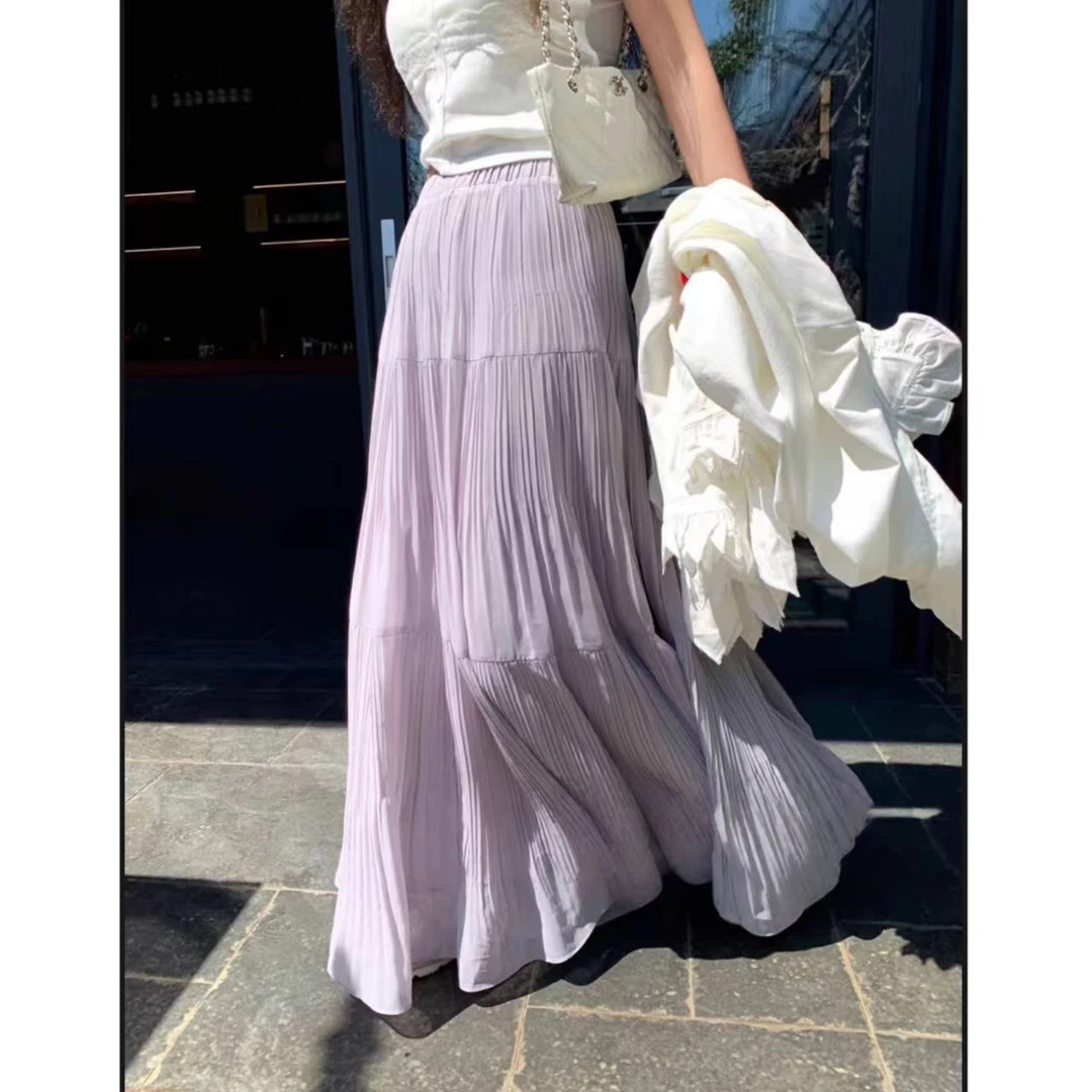 曼曼【夏日裙摆~】百褶半身裙松紧腰显瘦压褶宽松大摆a字长裙女