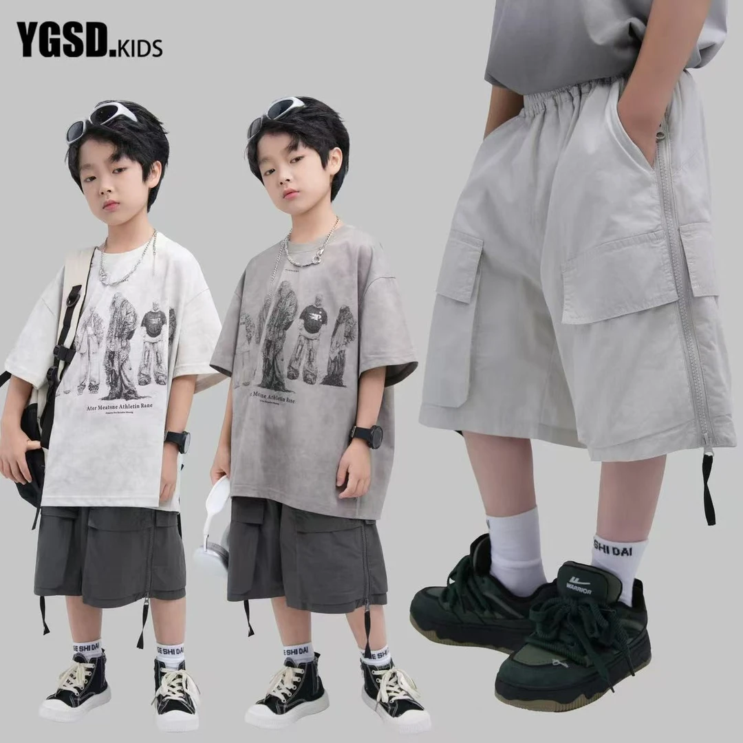 【现货】潮童工装短裤中大童韩版轻薄松紧男女童休闲五分短裤YG6943