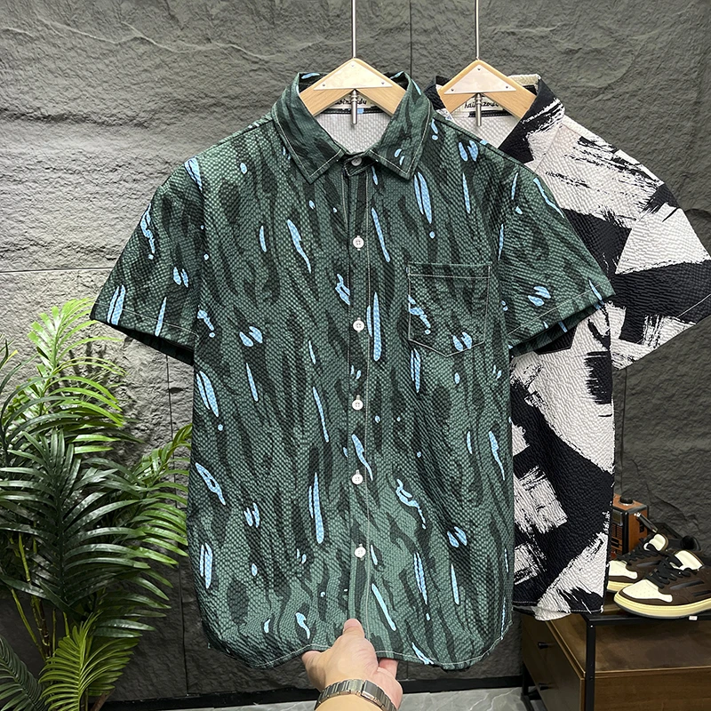 泡泡纱美式短袖衬衫男新款2025夏季休闲户外潮流涂鸦宽松凉感衬衣