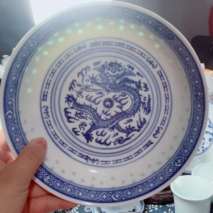 青花玲珑8寸窝盘龙纹