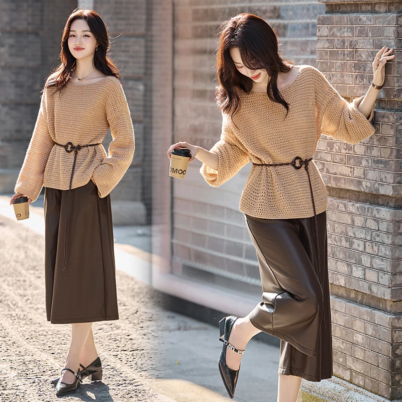 美拉德超镂空罩衫阔腿裤套装2025年秋季新款设计感韩系气质两件套