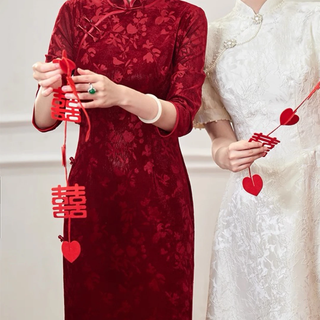 9286-低开衩长裙常规款复古风长袖旗袍立领新中式中国风