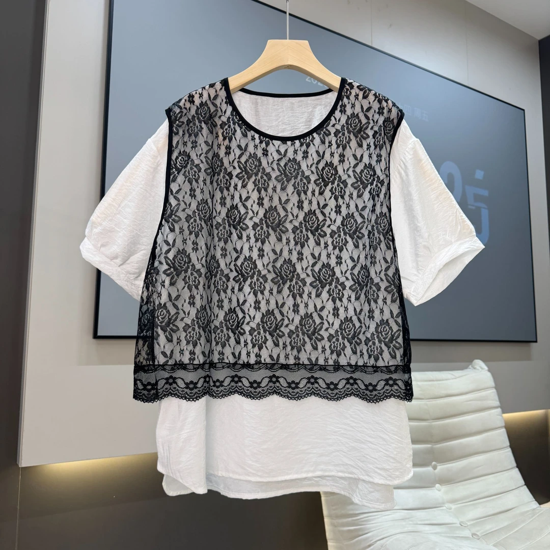 新款大码设计感蕾丝气质假两件短袖T恤