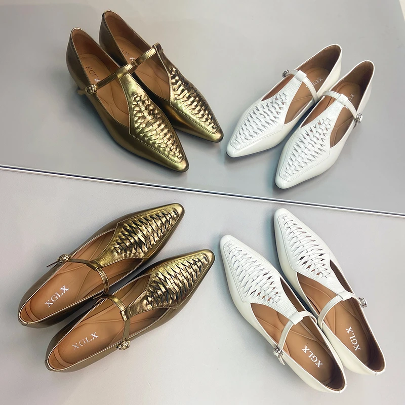 商场高品质牛皮编织透气低跟单鞋2025春夏新款尖头时尚玛丽珍女鞋