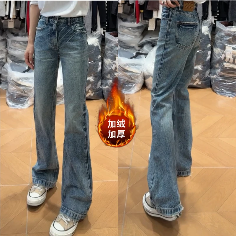 Aimeerosa/艾洛莎蓝色牛仔裤女冬装新款复古无弹加绒窄版直筒裤子