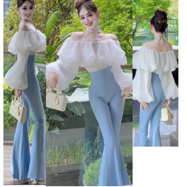 郁儿baby【夏日冰清云朵泡芙】气质显瘦泡泡袖一字肩上衣