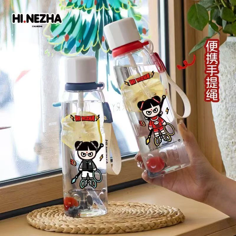 正品透明防漏儿童哪吒卡通水杯双饮大容量PC水瓶学生专用塑料杯子