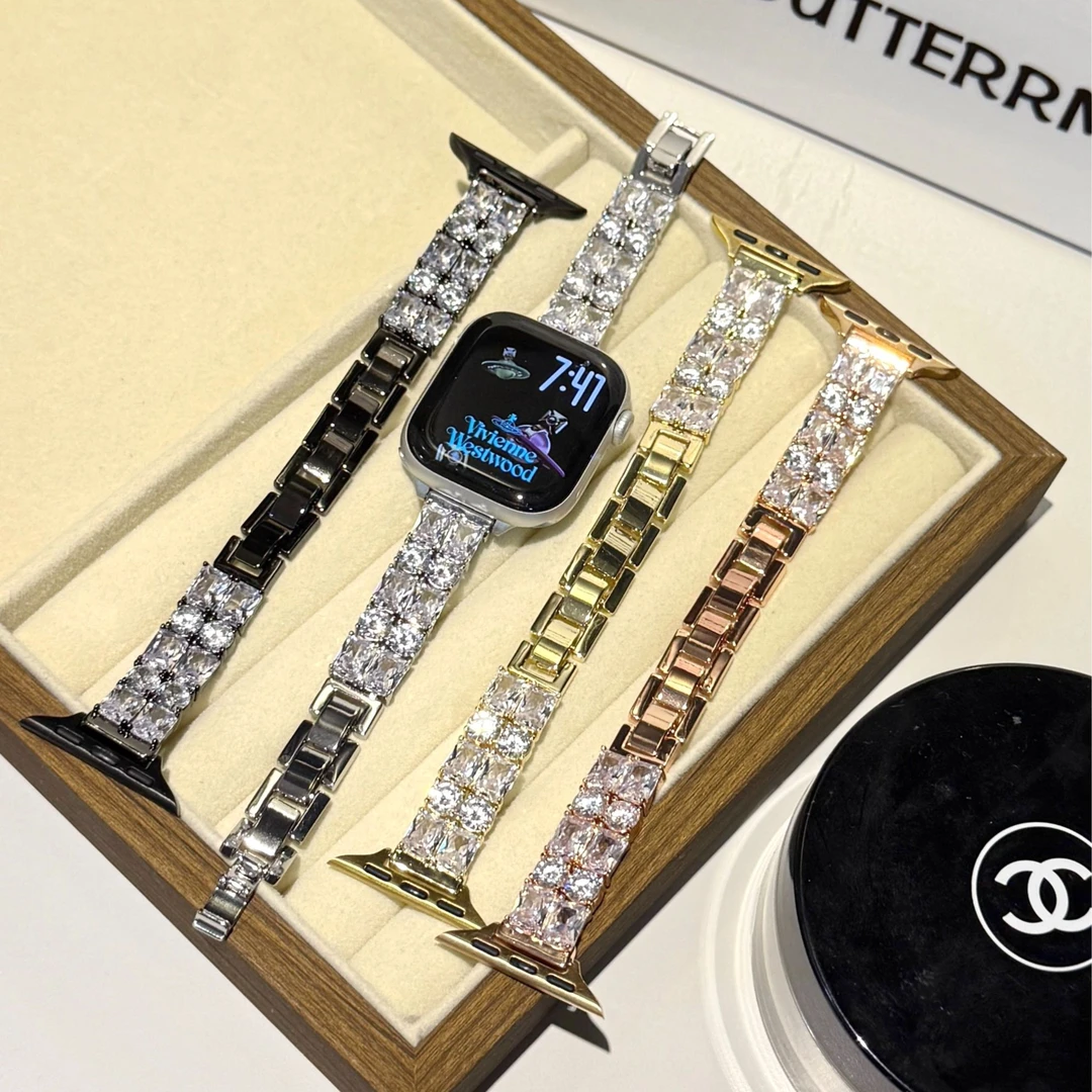 适用applewatchS9表带iwatchS10苹果手表SE新款S8锆石闪钻金属7女