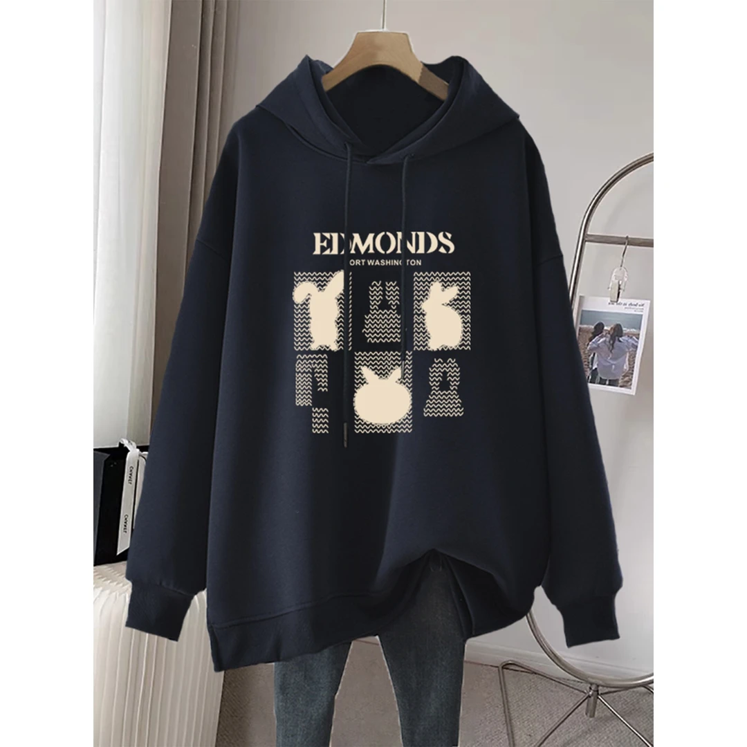 连帽套头卫衣女秋宽松休闲中长款时尚百搭大码过臀上衣加绒加厚冬