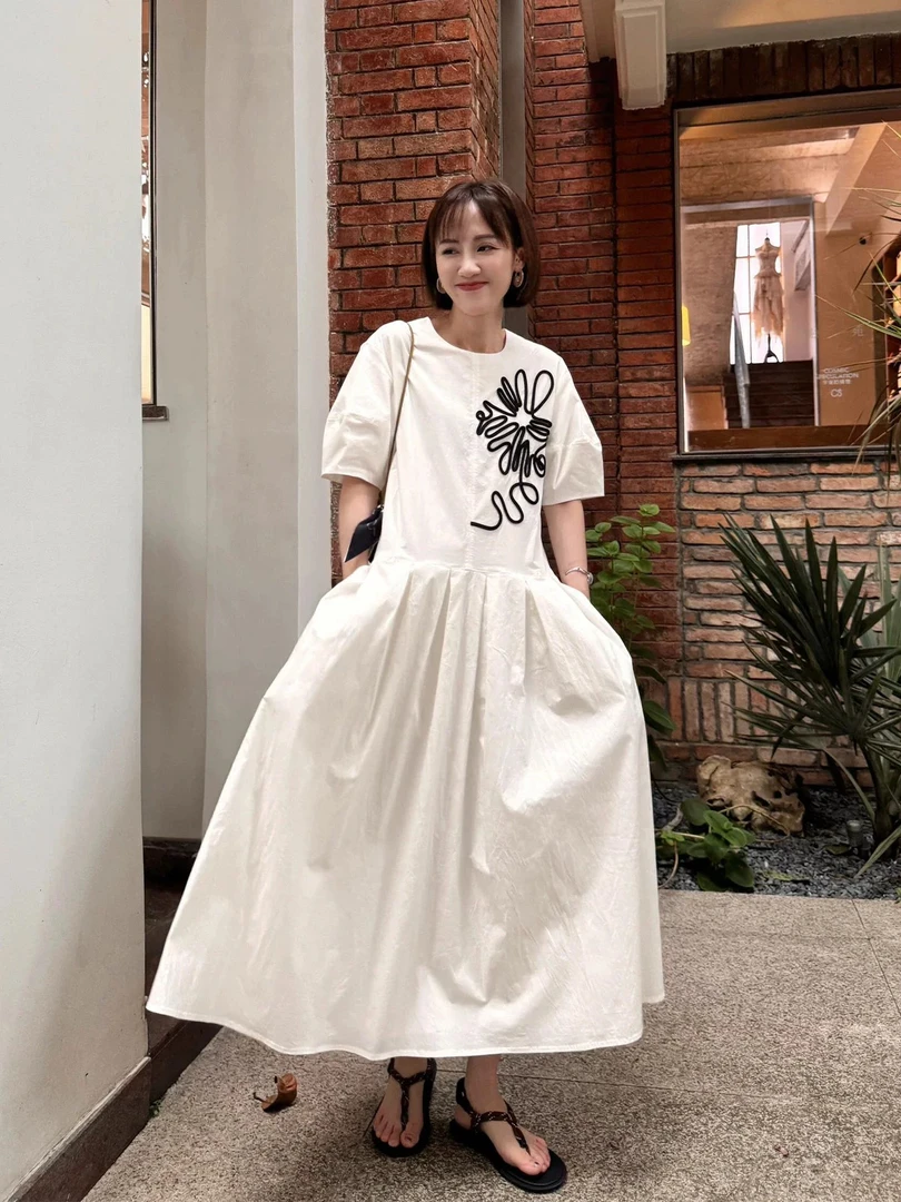 法式白色不规则提花短袖衬衫长裙极简风宽松大摆拼接百褶连衣裙夏