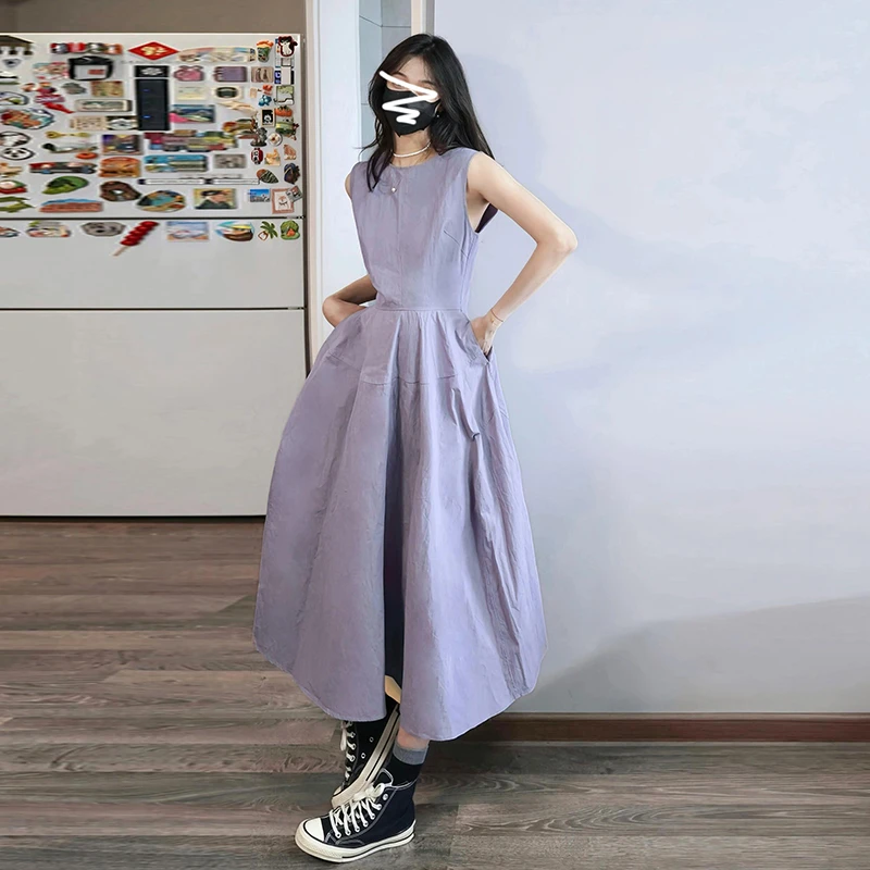 夏季款法式紫色无袖背心连衣裙女小个子气质宽松a字长裙C6L43421