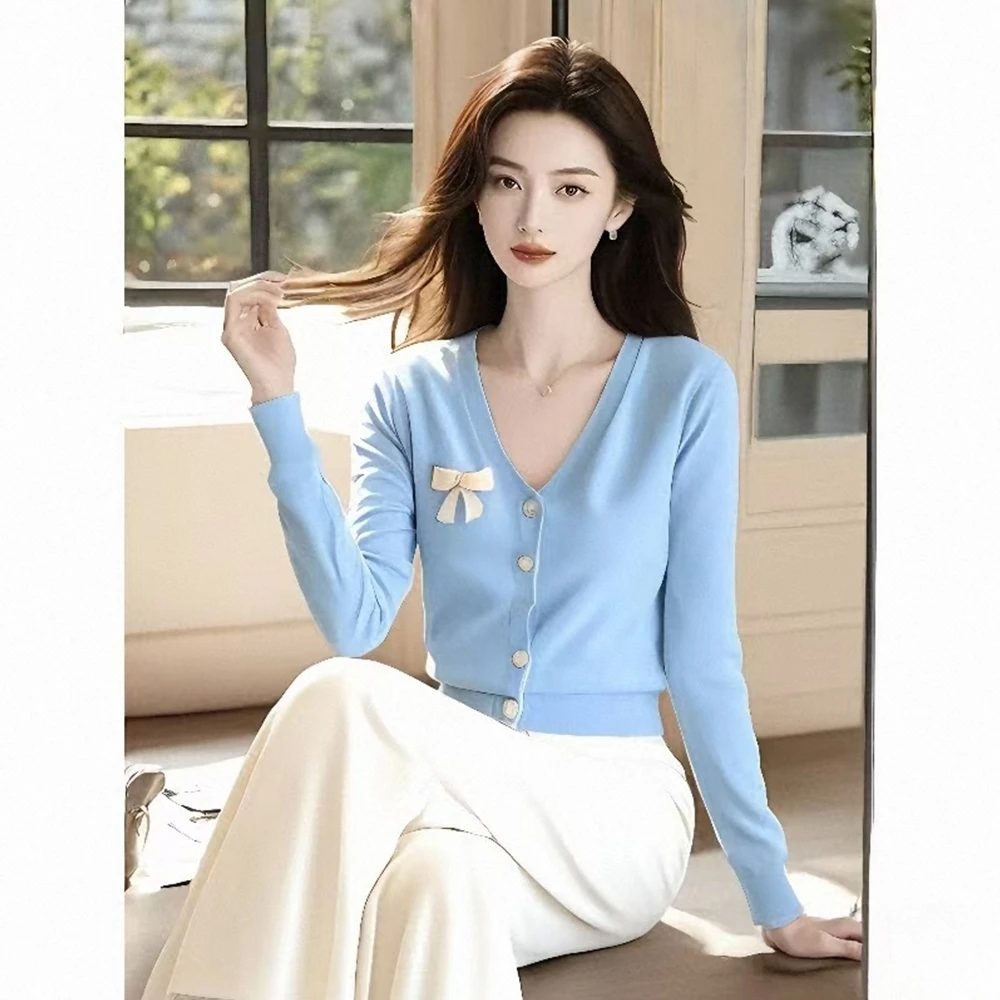 时髦气质御姐蓝色针织开衫女装秋季新款高级感裤子独特漂亮两件套