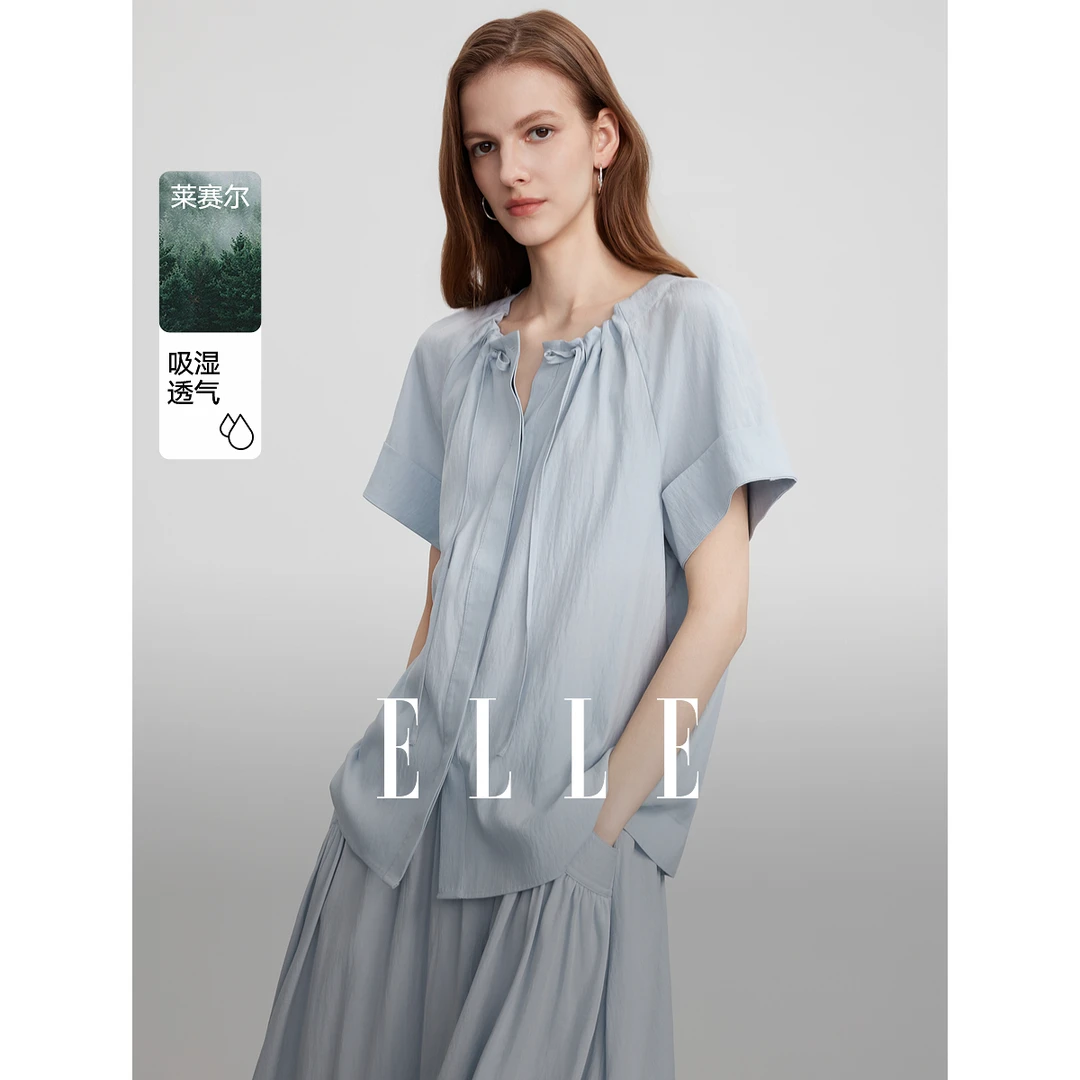 ELLE法式抽褶短袖衬衫女2025夏季新款莱赛尔天丝优雅EC51612