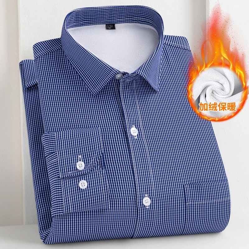冬季保暖衬衫男蓝色格子商务休闲长袖衬衣男加绒加厚爸爸装打底衫