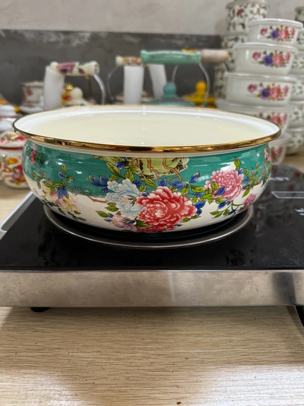 26厘米特厚绿国色牡丹搪瓷如意盆1个