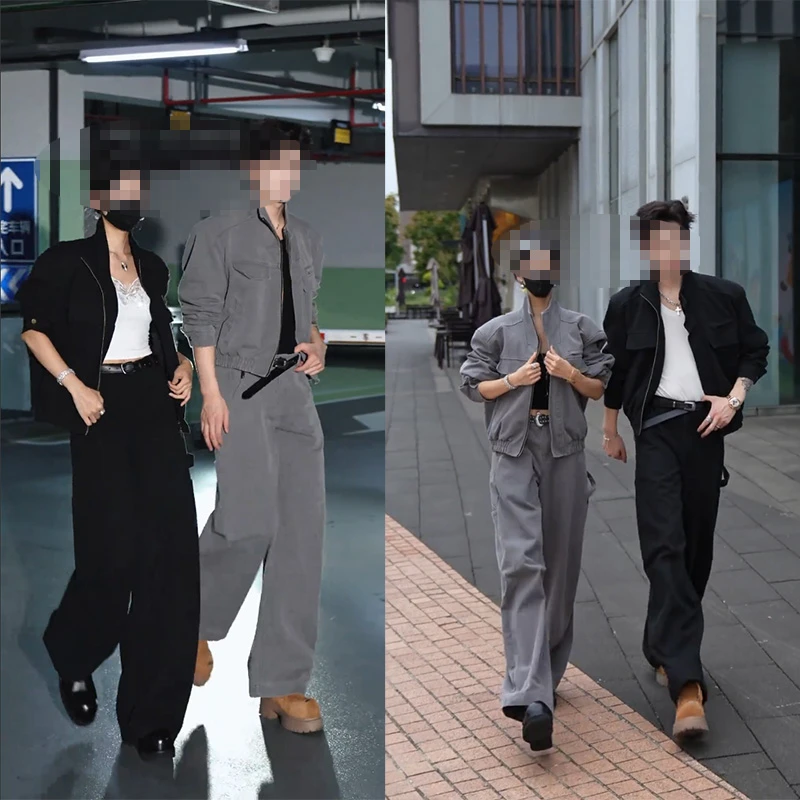 龙刀刀秋季休闲潮流复古工装设计感百搭立领夹克宽松阔腿长裤套装