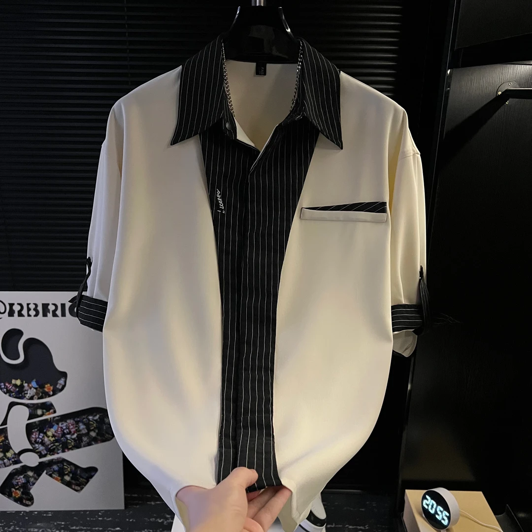 H-免烫拼接衬衫男士中袖夏季新款时尚百搭衬衣潮流百搭休闲开衫