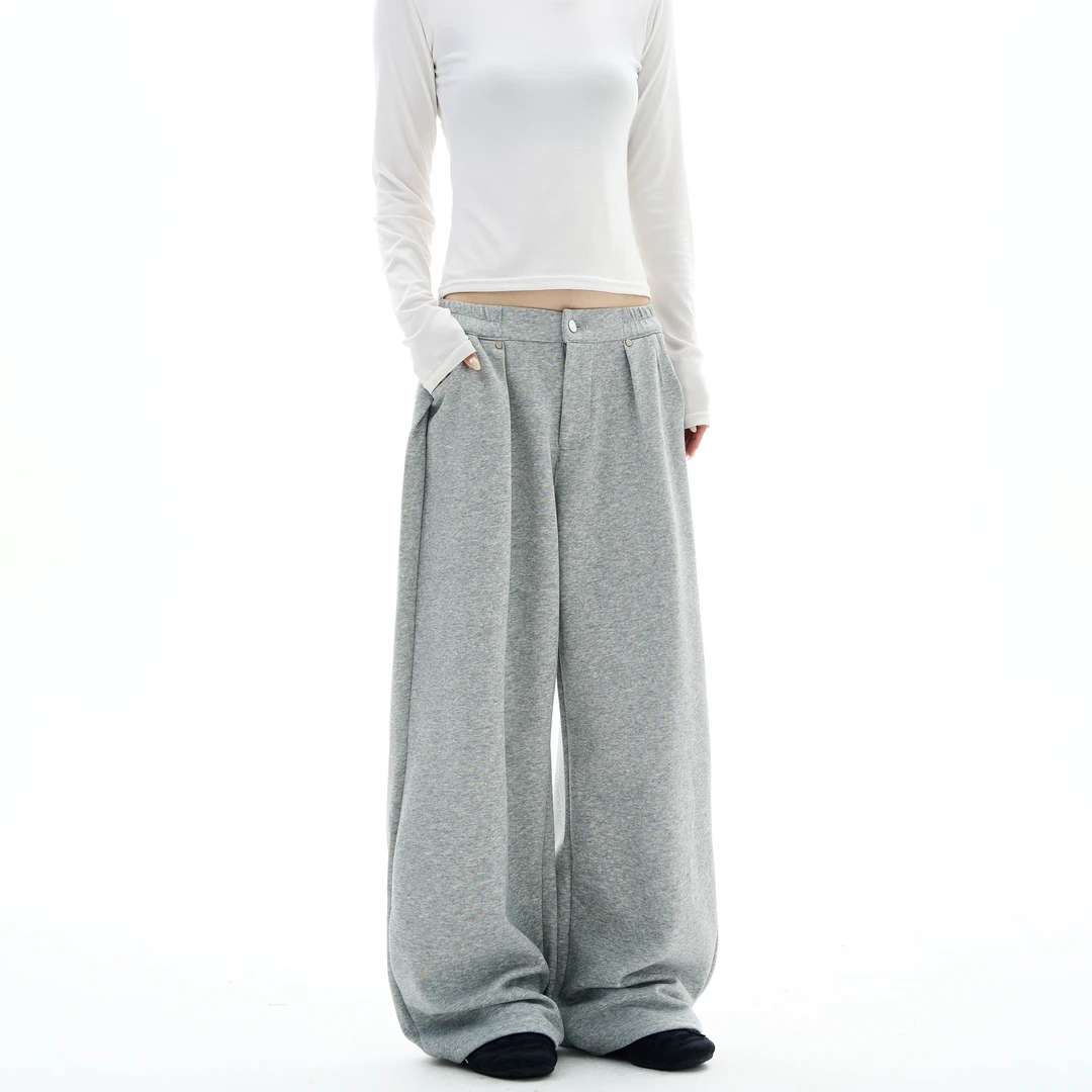 ISLAND美式双褶设计感灰色卫裤男女宽松百搭垂感显瘦情侣休闲裤子