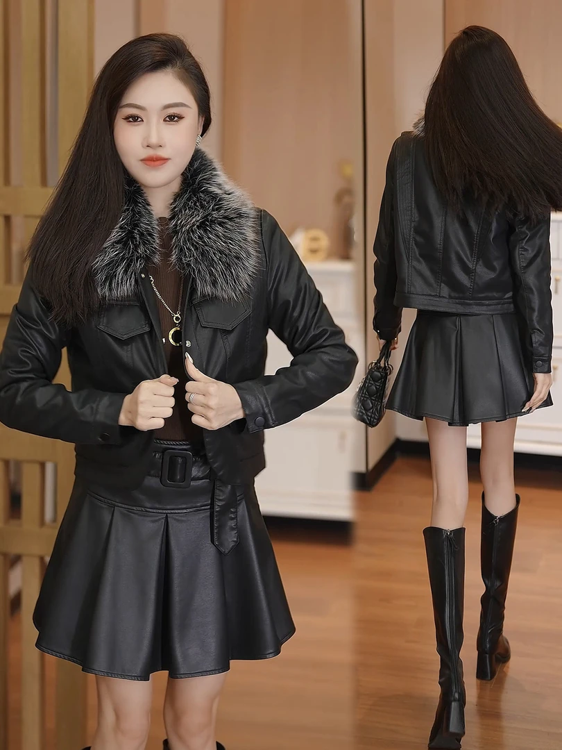 时尚短款皮衣套装女2025秋冬新款显瘦小个子PU皮夹克皮短裙两件套