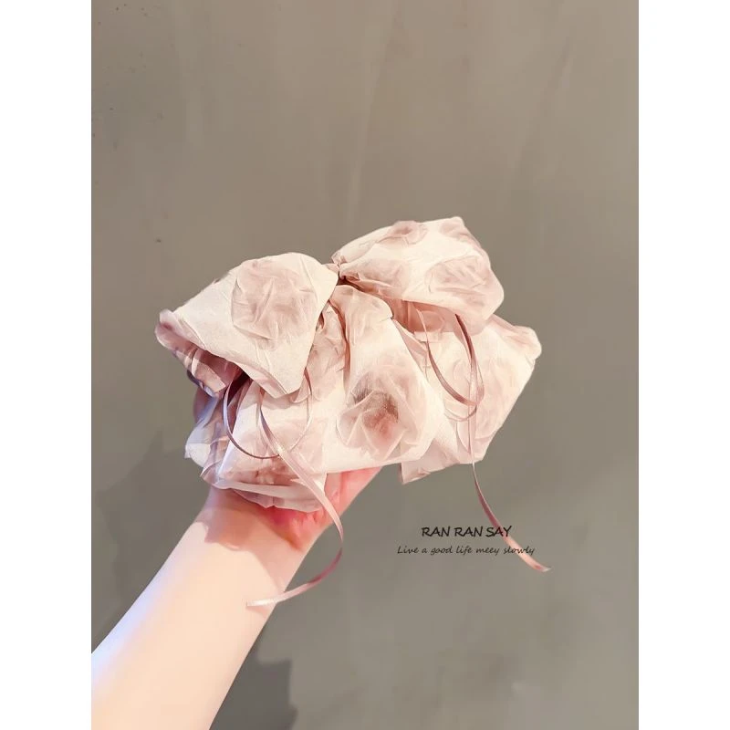 春夏新款发夹女印花飘带蝴蝶结马尾抓夹高级感半扎发鲨鱼夹子