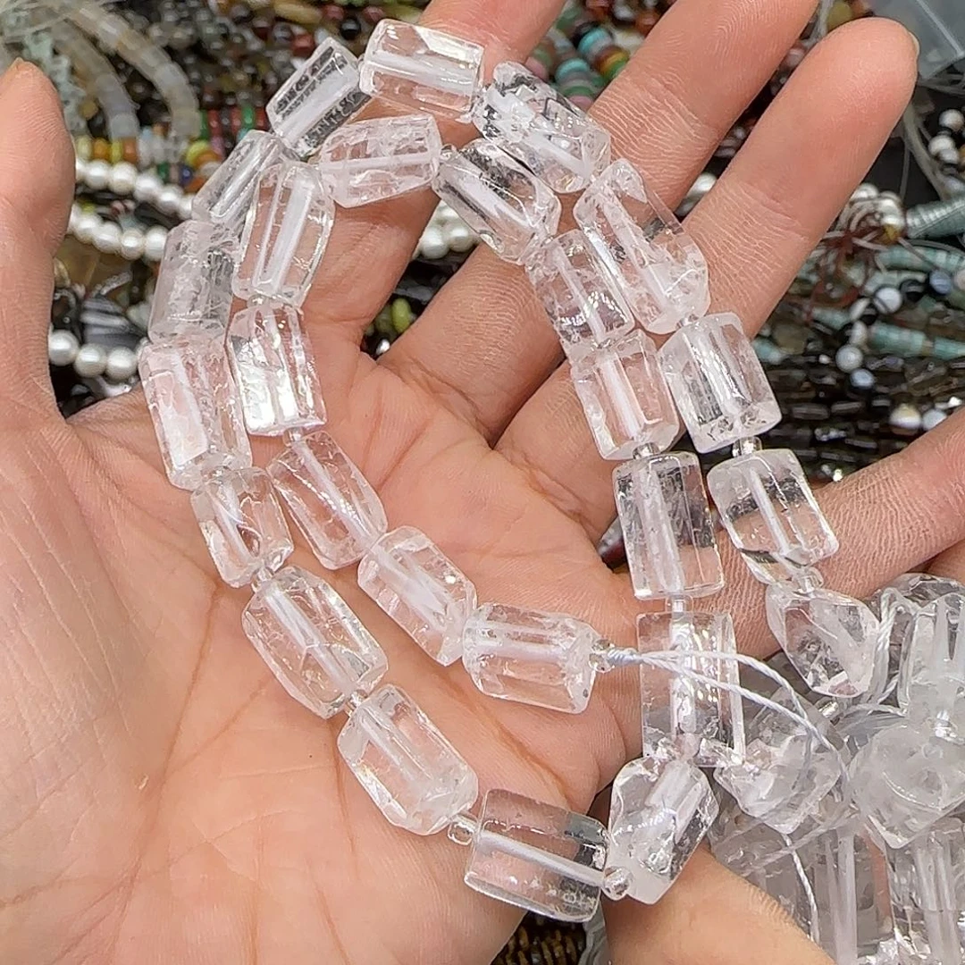 玛瑙/玉髓合金珠宝半成品白水晶原石桶珠9mm一条