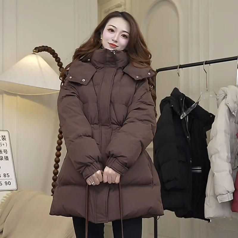 衣收腰三角标加厚韩版羽绒服女百搭中长款气质冬季外套连帽显瘦
