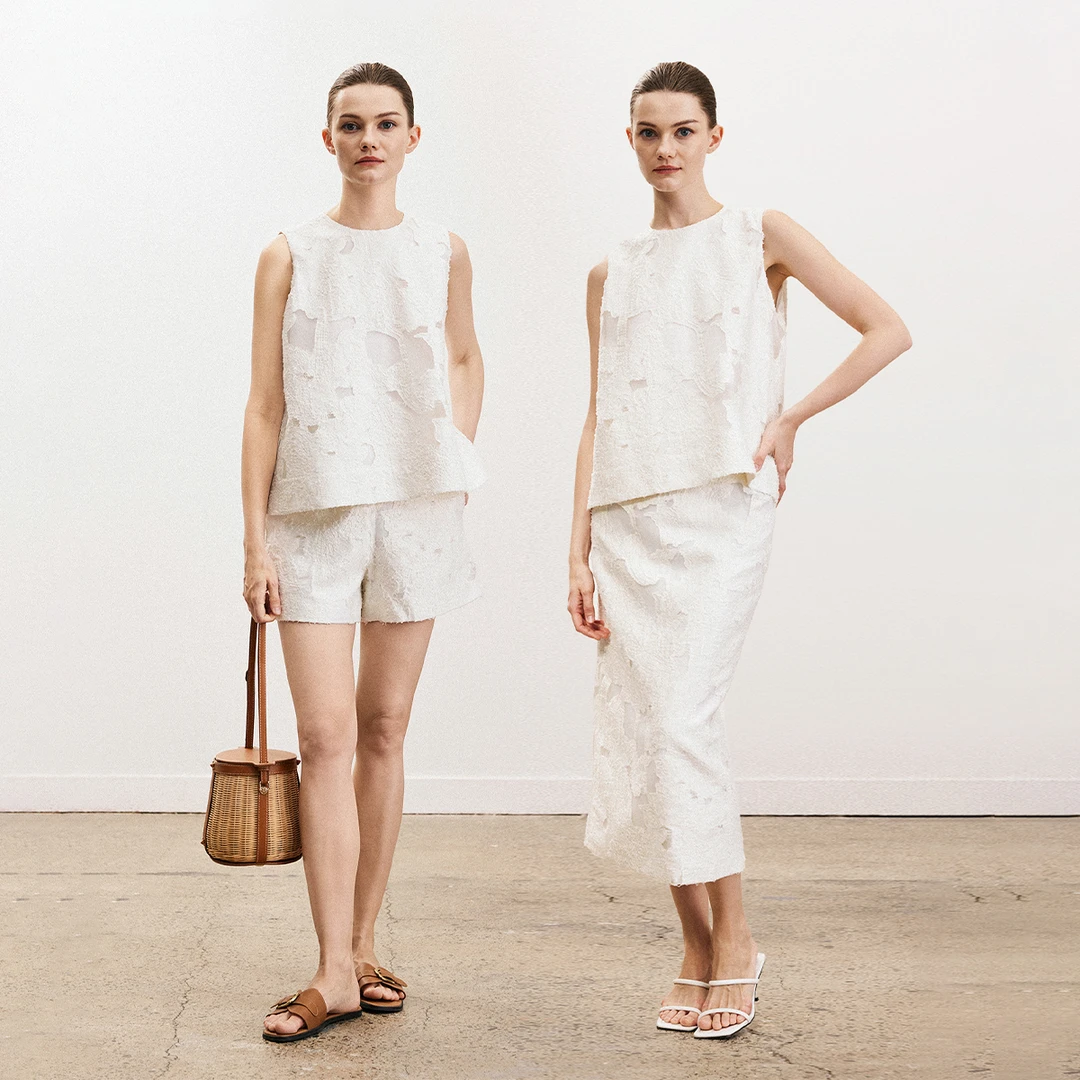 QIQIFUR 花型肌理面料上衣夏新款气质名媛无袖半身裙高级时尚套装