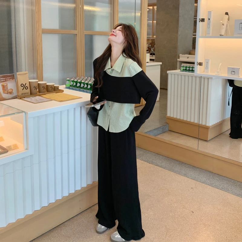 松弛感假两件条纹拼接上衣休闲裤2025春秋新款休闲韩系显瘦套装裤