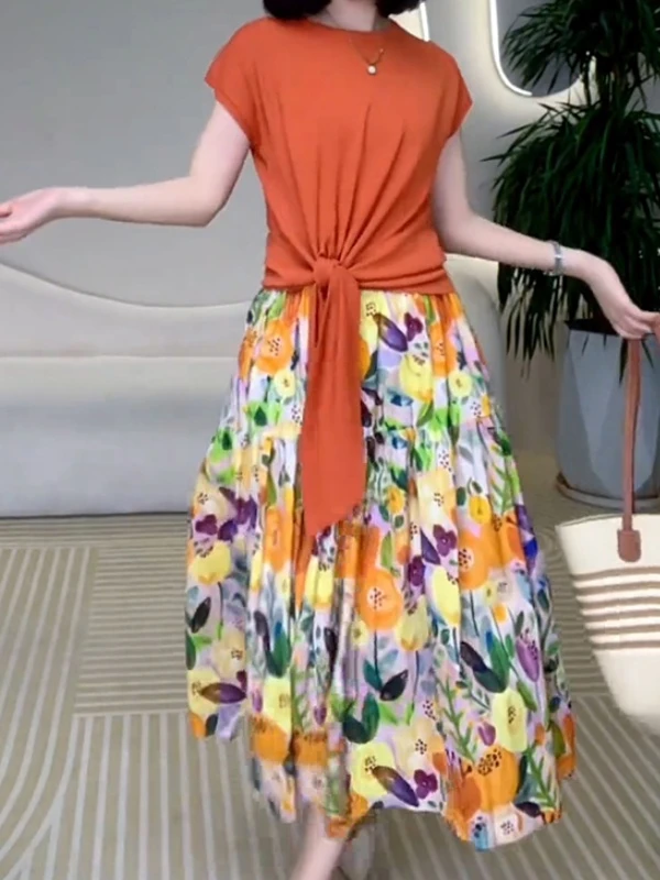 【橘调套装裙】休闲夏季新款显瘦短袖减龄遮胯碎花半身裙99414+Q238