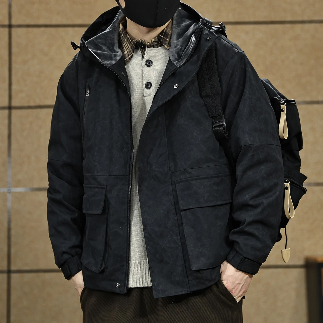 美式复古加绒外套男士潮牌印花宽松冬季新款加厚保暖连帽夹克男装