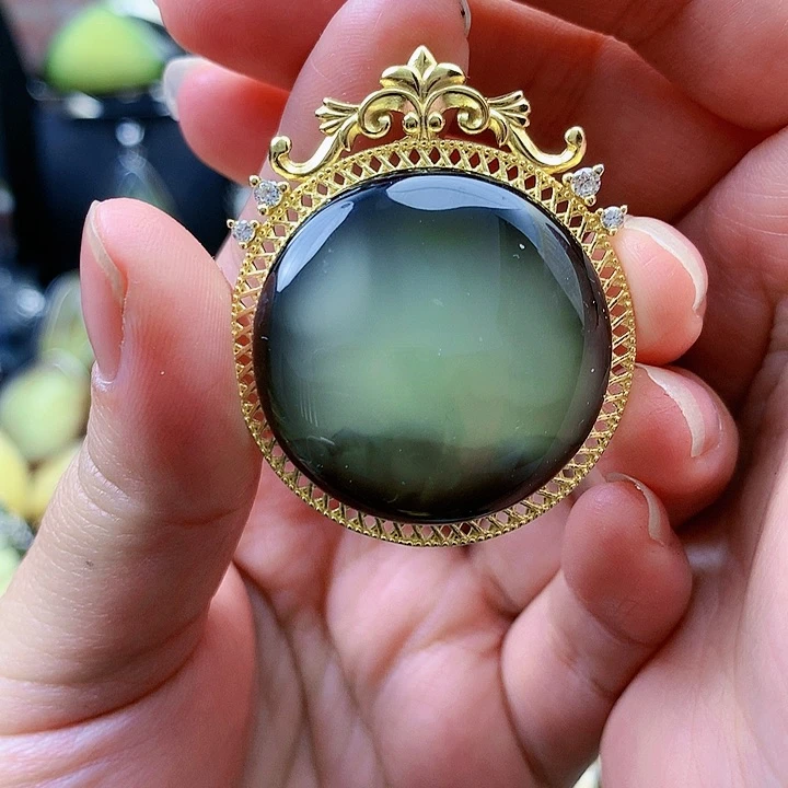 琥珀裸石银S925镶嵌坠