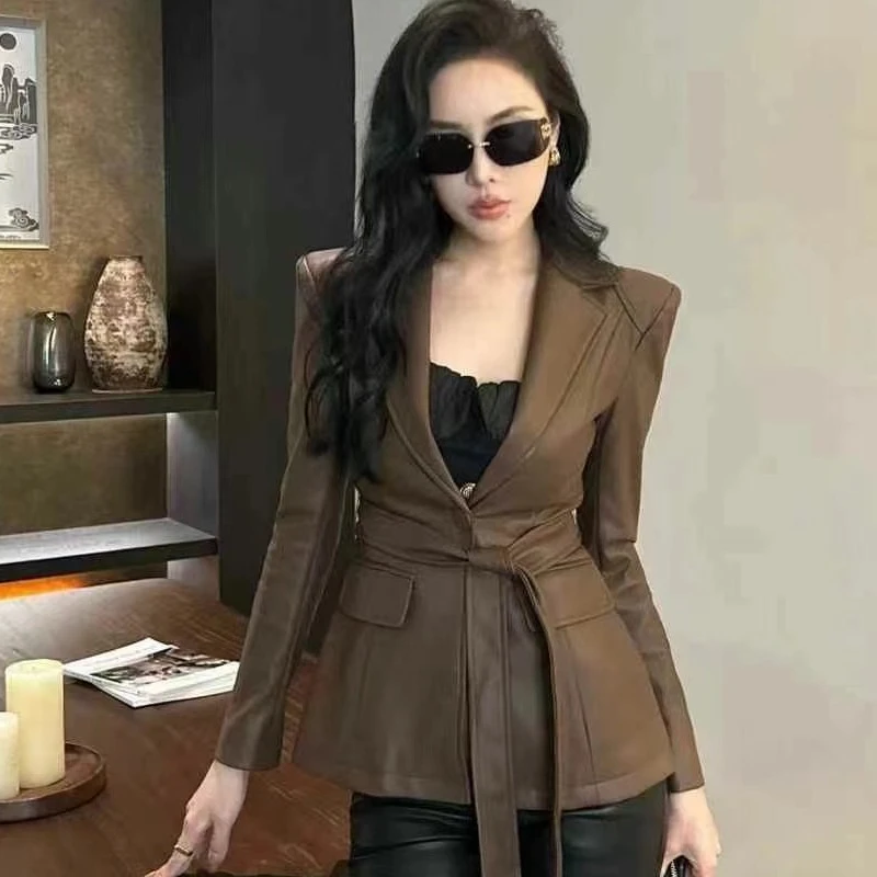 8758-G-5-2-2 新款韩chic皮衣腰带皮衣夹克百搭翻驳领皮衣外套女