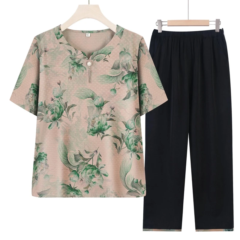 妈妈装夏款短袖洋气中老年两件套奶奶气质宽松夏季套装BD16828428