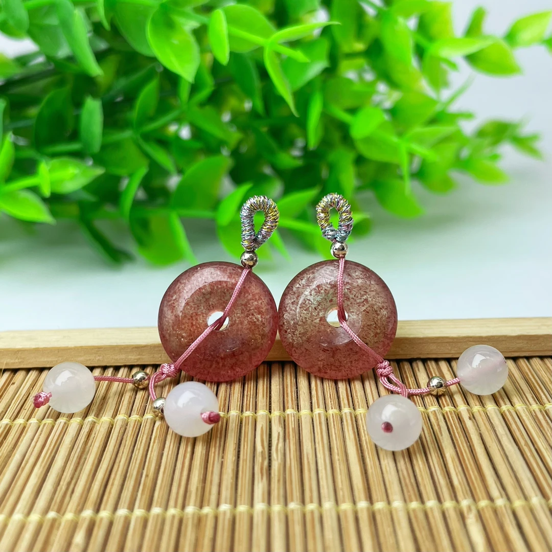 【糖宝珠宝】A294天然草莓晶平安扣手工编绳款流苏挂坠百搭DIY配饰