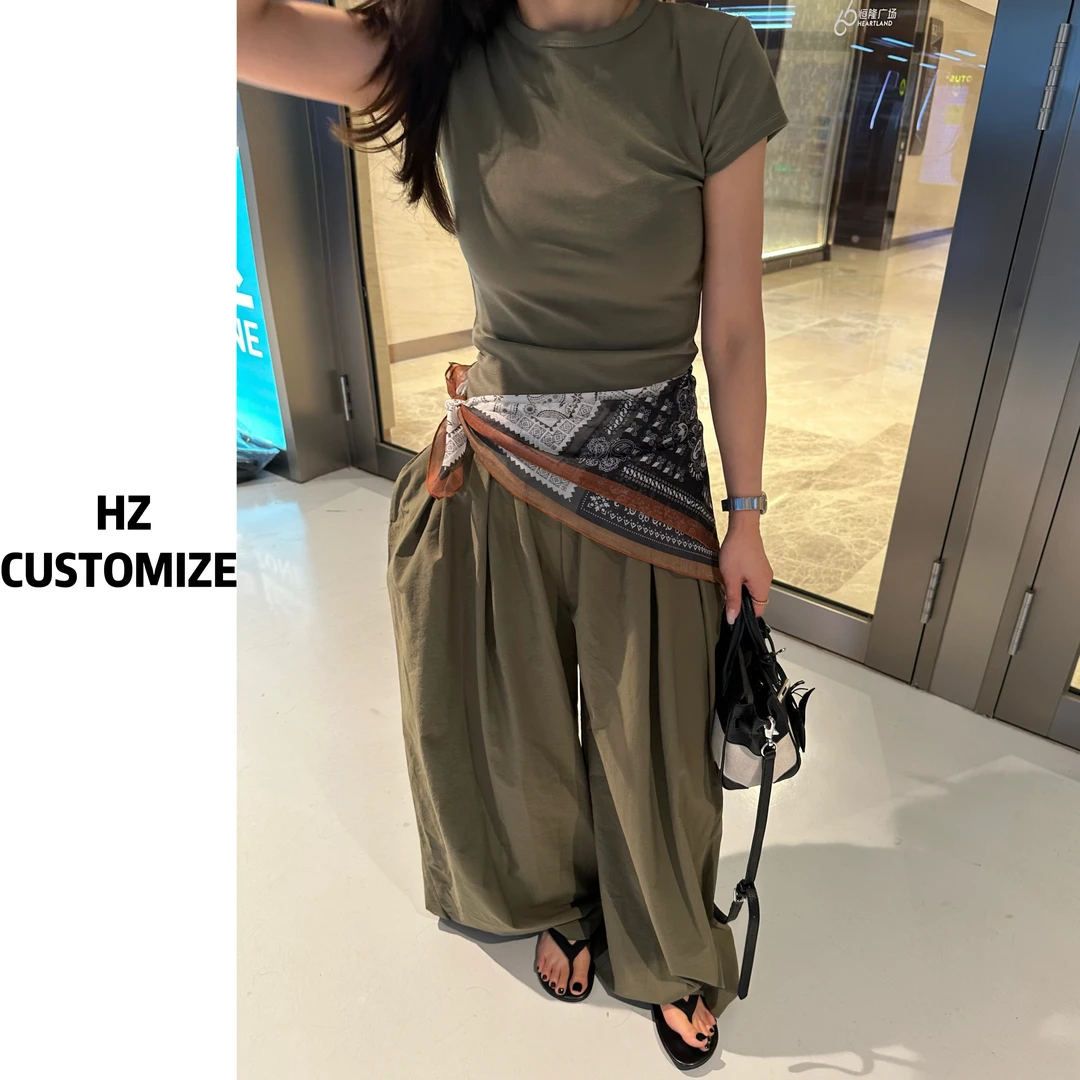 惠惠子甄选【丝巾三件套装】夏季气质短袖T高腰显瘦阔腿裤套装