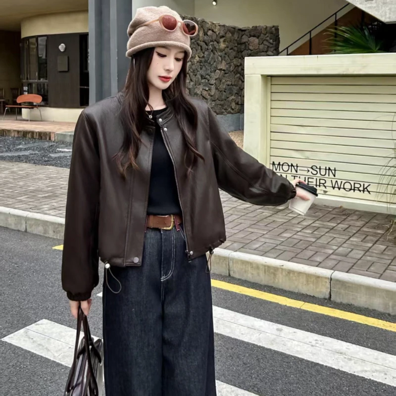 加绒灯笼袖新款时尚百搭宽松显瘦短款皮衣外套女冬季休闲夹克上衣