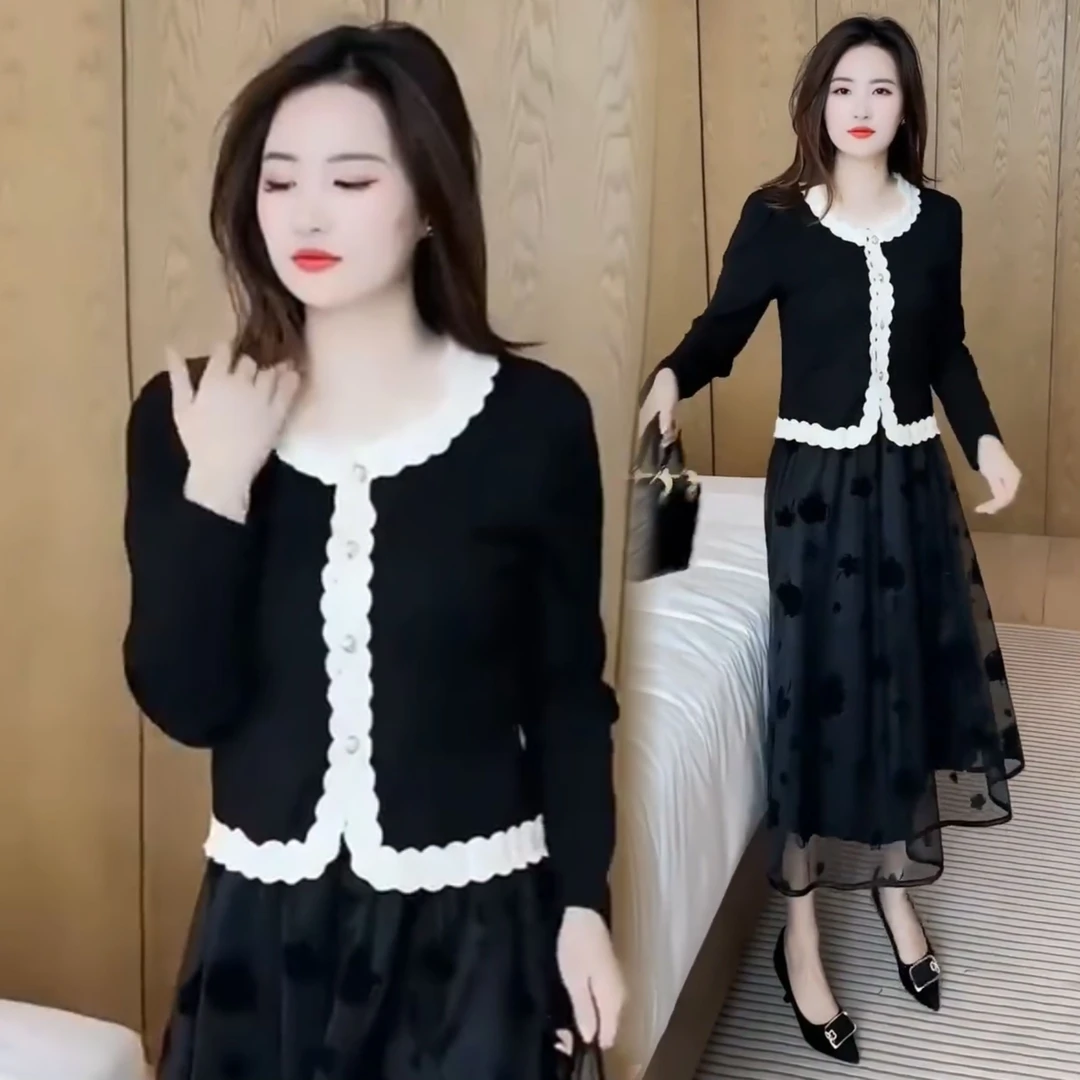 早春设计小众感拼接上衣半身裙套装小个子休闲减龄长袖T恤两件套