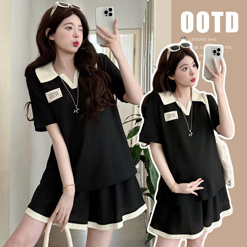 孕妇装夏装2025韩版时尚洋气休闲宽松POLO领两件套慵懒风孕妇装潮