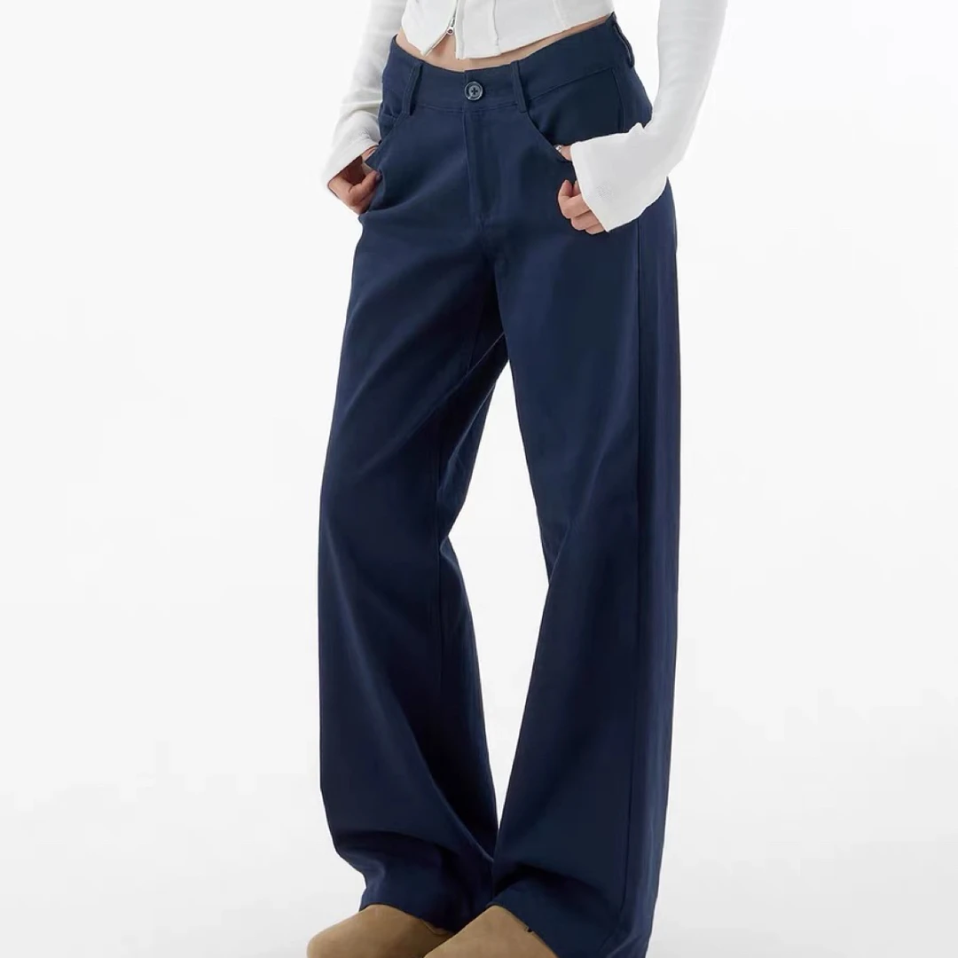 简约弹力藏蓝色中低腰宽松直筒工装休闲长裤秋冬显瘦裤子百搭长裤