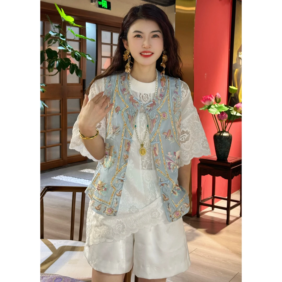 【洋子服饰】新中式国潮风高级定制桑蚕丝刺绣时尚百搭马甲SH0823