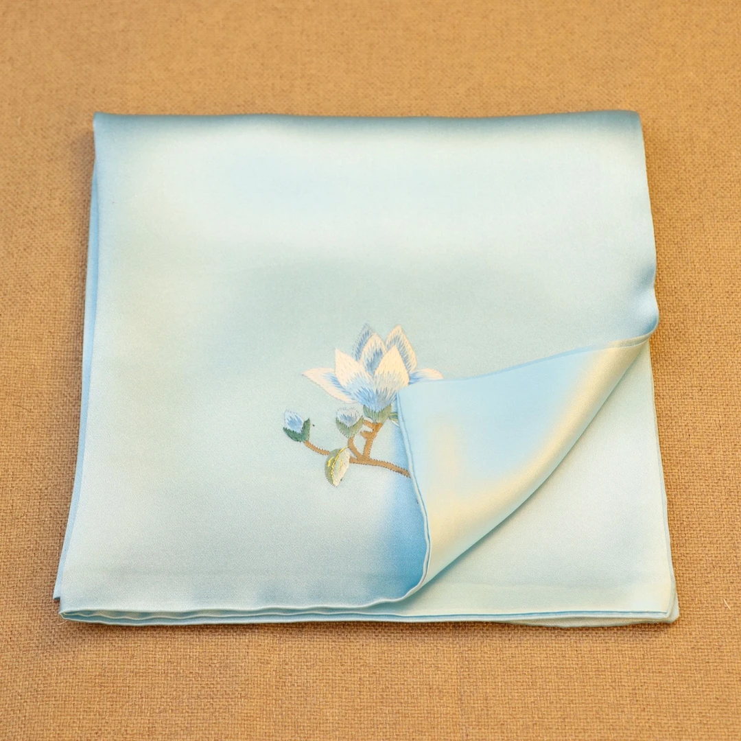 非遗苏绣桑蚕丝手绣玉兰手帕真丝柔软中式中国风吸汗双层手工吸水