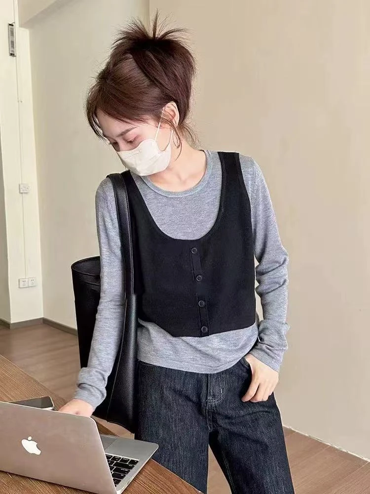【9526】#假两件设计圆领针织上衣